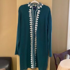 Susan Graver emerald green with white, long cardigan/duster size XL
